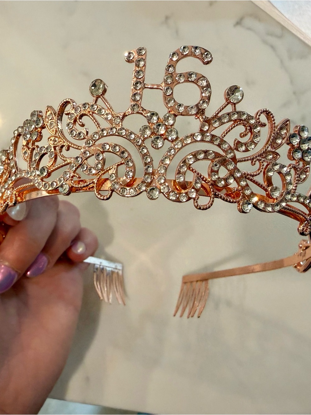 Rose Gold 16 Rhinestone Tiara Headband and Birthday Queen Sash